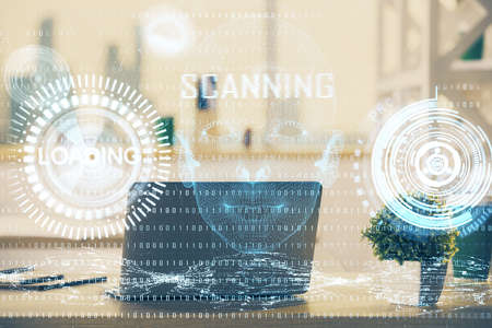 Double exposure of desktop with computer on background and tech theme drawing. Concept of big data.