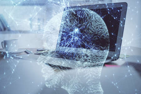 Multi exposure of work table with computer and brain hologram. Brainstorm concept.