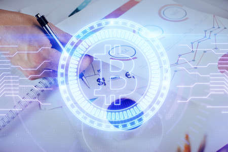 Businessman with hands background. Multi exposure with crypto currency concept.