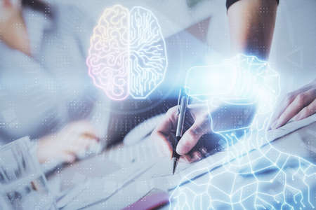 AR hologram over hands taking notes background. Concept of augmented reality. Double exposure