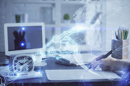 Tech theme hologram over womans hands taking notes background. Concept of hightech. Double exposure