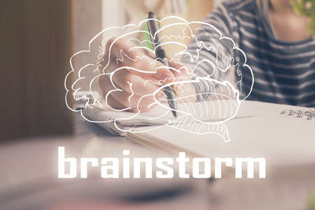 Start up creative drawing over close up hands on background. Concept of brainstorming. Multi...