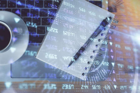 Multi exposure of forex chart drawing and work table top veiw. Concept of financial analysis.