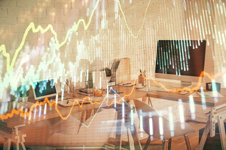 Multi exposure of stock market chart drawing and office interior background. Concept of financial analysis.の写真素材