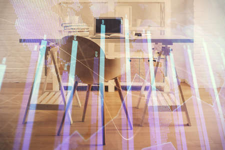 Multi exposure of financial graph drawing and office interior background. Concept of market...