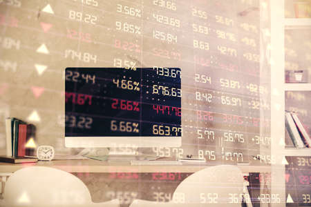 Multi exposure of stock market chart drawing and office interior background. Concept of financial...
