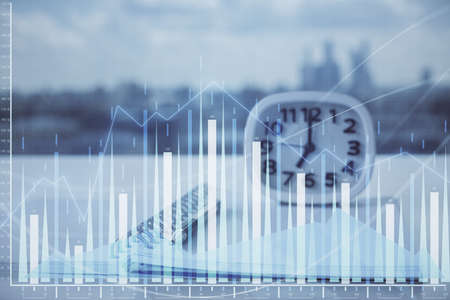 Multi exposure of financial graph drawings and desk with open notebook background. Concept of forex
