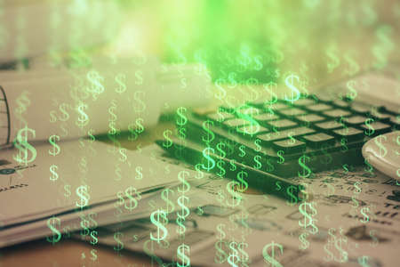 Double exposure of financial chart drawings and desk with open notebook background. Concept of forex...