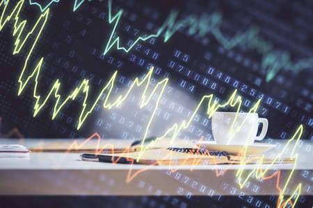 Multi exposure of forex graph drawing and desktop with coffee and items on table background. Concept...