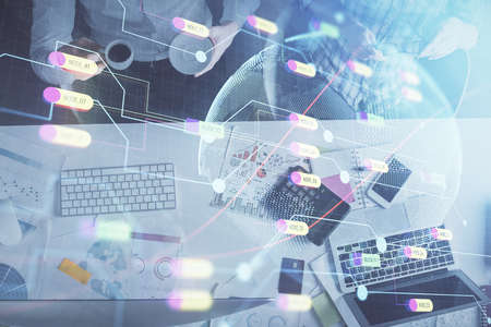 Double exposure of man and woman working together and world map hologram drawing. international...