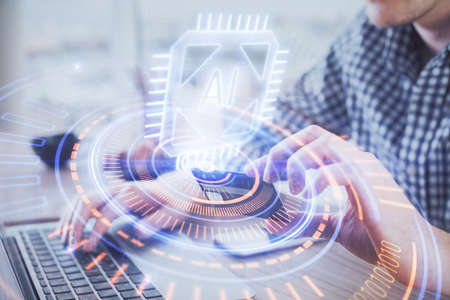 Double exposure of man hands holding a credit card and data theme drawing. E-commerce and technology...
