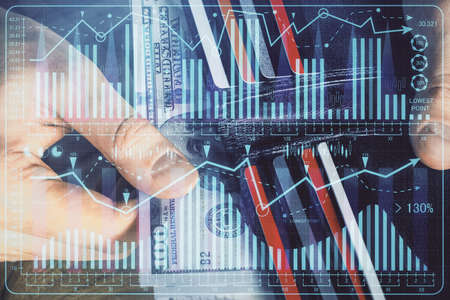 Multi exposure of forex graph drawing hologram and USA dollars bills and man hands. Technical...