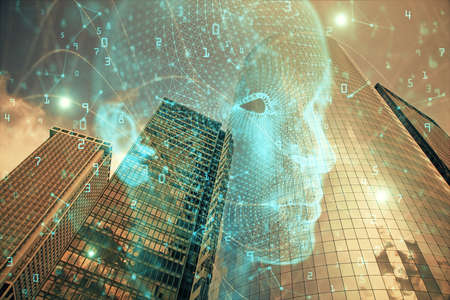 Brain hologram drawing on cityscape background multi exposure. Ai in modern city concept.