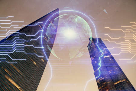Brain hologram drawing on city scape background Double exposure. Brainstorming concept.