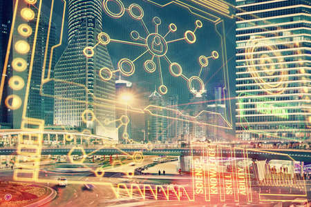 Data theme hologram drawing on city view with skyscrapers background multi exposure. Ai concept.