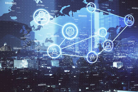 Multi exposure of social network theme drawing and cityscape background. Concept of people...
