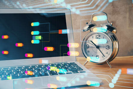 Double exposure of desktop with computer on background and tech theme drawing. Concept of big data.