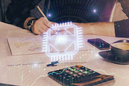Mans hands with technology theme multi exposure icons. Concept of big data.