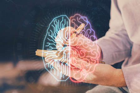 Brain multi exposure icon with man hands background. Concept of learning.の写真素材