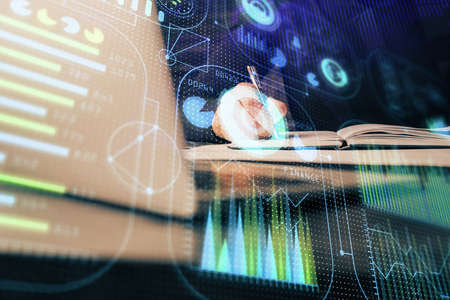 Humans hands with data theme multi exposure background drawings. Concept of innovation.
