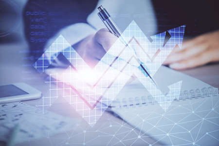 Blue arrow over womans hands taking notes background. Concept of success. Double exposure