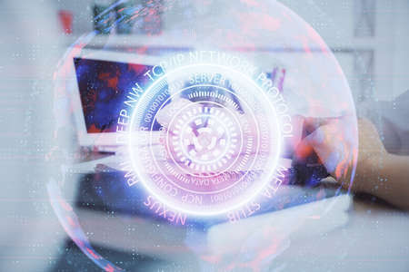 Tech theme hologram over womans hands taking notes background. Concept of hightech. Double exposure