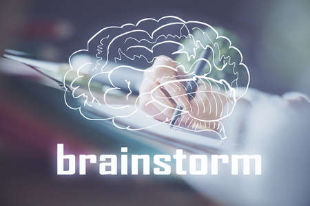 Start up creative drawing over close up hands on background. Concept of brainstorming. Multi exposureの写真素材