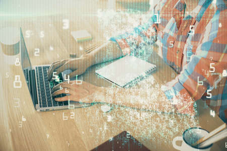 Businessman with computer background with technology theme hologram. Concept of big data. Double...