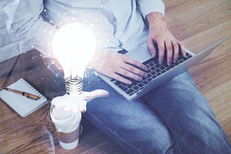 Growing arrows with businessman working on computer on background. Success concept. Double exposure.