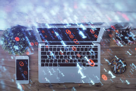 Double exposure of data hologram sketch over study table background with computer. Concept of Ai....