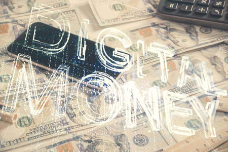 Multi exposure of crypto theme drawing over us dollars bill background. Concept of blockchain success.の写真素材