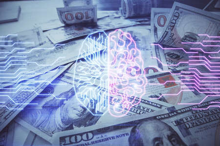 Double exposure of brain drawing over us dollars bill background. Technology concept.の写真素材