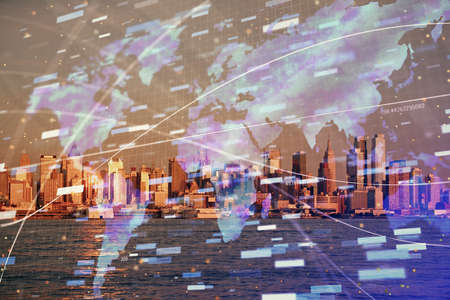 Data theme hologram drawing on city view with skyscrapers background multi exposure. Bigdata...