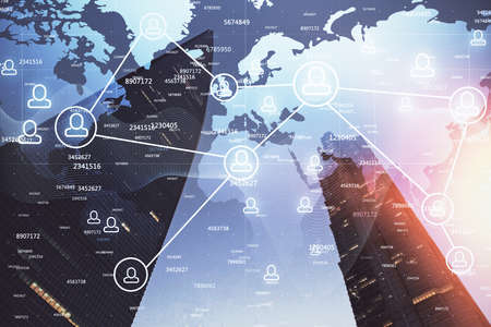 Multi exposure of social network theme drawing and cityscape background. Concept of people...
