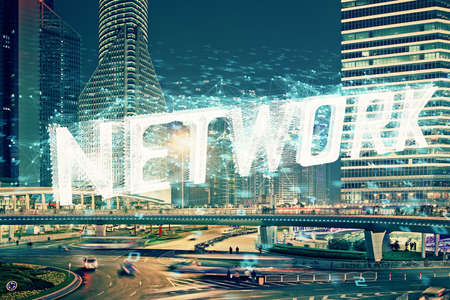 Data theme hologram drawing on city view with skyscrapers background multi exposure. Ai concept.