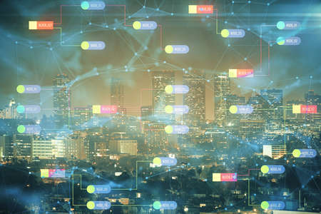 Data theme hologram drawing on city view with skyscrapers background multi exposure. Ai concept.