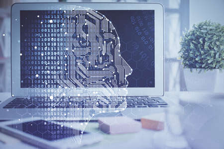 Double exposure of work space with computer and human brain drawing hologram. Brainstorm concept.の写真素材