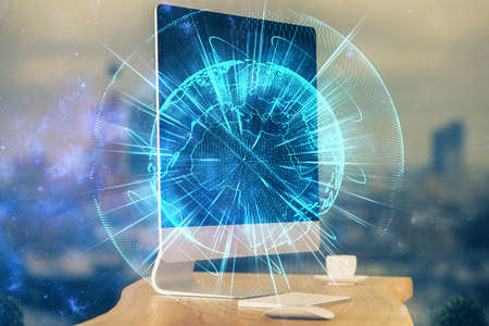 Multi exposure of business theme icons and table with computer background. Concept of success.の写真素材