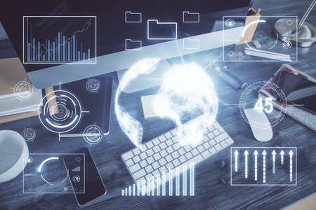 Multi exposure of forex graph and work space with computer. Concept of international online trading.