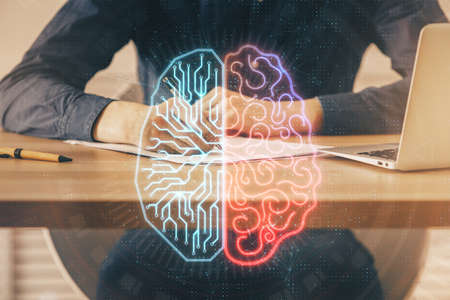 Brain multi exposure icon with man hands background. Concept of learning.の写真素材