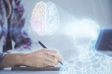 AR hologram over hands taking notes background. Concept of augmented reality. Double exposure