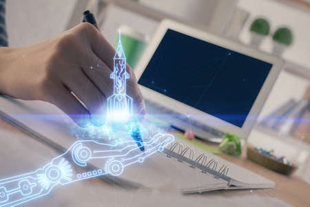 Start up creative drawing over close up hands on background. Concept of brainstorming. Multi...