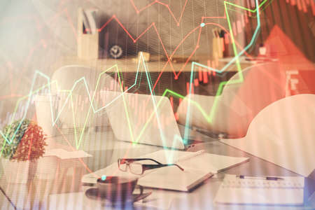Multi exposure of stock market chart drawing and office interior background. Concept of financial...