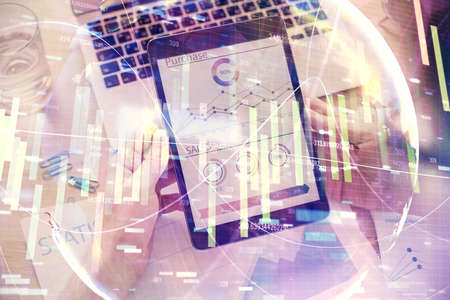 Double exposure of mans hands holding and using a phone and international business theme drawing.の写真素材