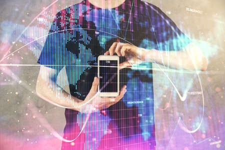 Double exposure of mans hands holding and using a phone and international business theme drawing.