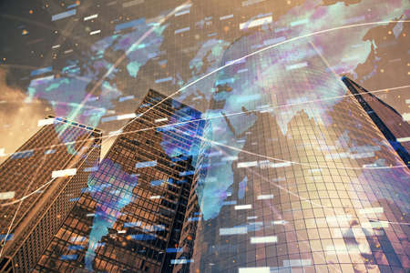 Data theme hologram drawing on city view with skyscrapers background multi exposure. Bigdata concept.の写真素材