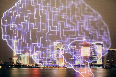 Brain hologram drawing on city scape background Double exposure. Brainstorming concept.