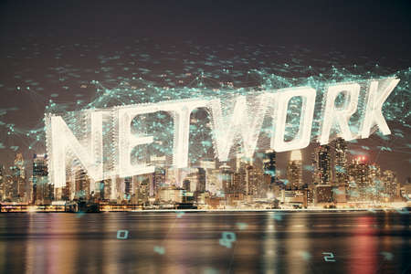 Data theme hologram drawing on city view with skyscrapers background multi exposure. Ai concept.の写真素材