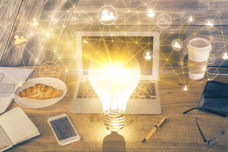 Computer on desktop with social network theme icon. Multi exposure. Concept of international...