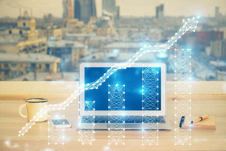 Multi exposure of forex chart and work space with computer. Concept of international online trading.